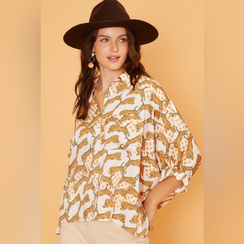 AnnieWear Cheetah Oversized Flowy Button Down Blouse